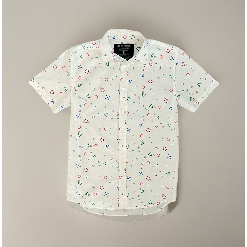 Playstation Mens S Shirt Short Sleeve Cotton Button Down Allover PS Logo White